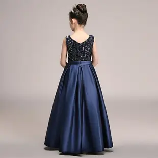 兒童鋼琴表演禮服女深藍色V領長款女童鋼琴演出服公主裙亮片無袖女童禮服