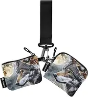 [XYMZR] Mini Zip Around Wristlet keychain Wallet Wolf Full Moon for Women Personalized Pattern Detachable Dual Pouch Wristlet Portable Wallet Phone Coin Purse, Multi-colored, One Size