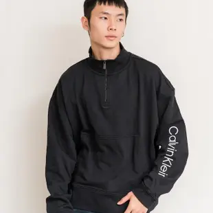 【Calvin Klein 凱文克萊】CK 男版 立領半開拉鍊 手臂刺繡文字 大學T 衛衣 長袖 長袖上衣 無刷毛(秋冬新品)