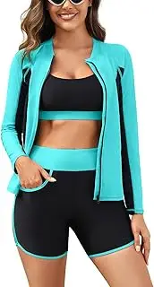 [Yonique] Women 3 Piece Rash Guard - Long Sleeve Swimsuit Built in Bra Swim Shirt Zip Bathing Suit with Pocket Shorts