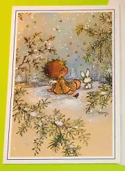 Vtg Hallmark Angel With Bunny Watching Snowfall Signed Mary Unused Card/Envelope