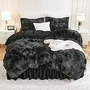 Andency Faux Fur Tie-Dyed Black Grey Comforter for Queen Size Bed, 3 Pieces Fluffy Fuzzy Plush Bedding Comforter Set (1 Shaggy Velvet Comforter & 2 Pillowcases), Soft Puffy Down Comforter Bedding Set