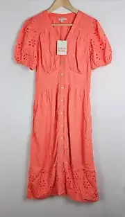 Knox Rose Womens Midi Button Eyelet Short Puff Sleeve Dress Size Small New