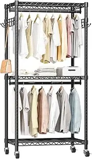 Medium Heavy Duty Rolling Garment Rack, 3 Tiers Clothing Rack for Hanging Clothes, Adjustable Clothes Rack with Double Rods & Hooks, Freestanding Wardrobe Closet Storage Rack Metal, Black