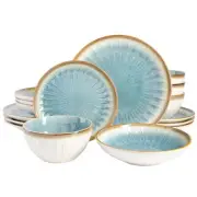 Mayfair Bay Embossed Double Bowl Dinnerware Set, Service for 4 (16pcs), Blue