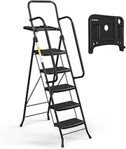 [HBTower] 5 Step Ladder with Handrails, Folding Step Stool with Wide Anti-Slip Pedal, Sturdy Steel Ladder, Convenient Handgrip, Lightweight, Portable Steel Step Stool, Black