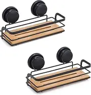 CARLA HOME 2 Pack Corner Shower Caddy Shelf Basket Rack with Premium Vacuum Suction Cup No-Drilling, Rust Proof Stainless Steel and Bamboo Bathroom Shelf Shampoo Holder No Drilling (Rectangular)