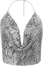 [Beisto] Sexy Halter Top Backless Plunging Neckline Chain Nightclub Party Leopard Snake Print Tank Vest for Women Girls