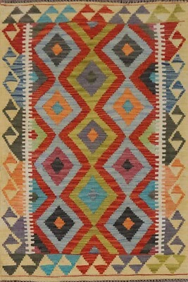 Flat Weave Diamond Kilim Oriental Area Rug 4'x5' Tribal Wool Reversible Carpet