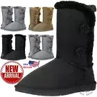 NEW Women's Snow Boots Fleece Lined Mid-Calf Flat Snow Boots With Buttons