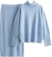 [Generic] Women's Spring Winter Solid 2PC Suits Turtleneck Loose Basic Sweater Elastic Waist Slim Wrapped Hip Skirt Sets