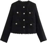 [Generic] Women's Round Neck Tassel Patchwork Long Sleeved Jacket Solid Color Casual Loose Short Coat Jacket