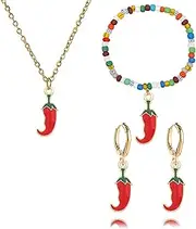[QLUYCKW] Cinco De Mayo Fiesta Necklaces Earrings Bracelet Set for Lovely Mexican Sombrero Cactus Chili Earrings Women Mexican Festival Carnival Party Charm Costume Accessories, Medium, Alloy Steel, No