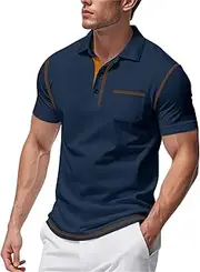 [Generic] Men's Shirt with Contrast Cuffs Orange Polo Shirts Adult Short Sleeve T Shirt Mens Polo Shirts Vintage Short Regular Fit Yellow Casual Slim Fit Multipack V Neck Quick Dry