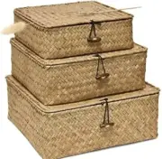 Straw Storages Baskets With Lid Handwoven Of Seagrass Square Storage Bins
