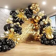 Black and Gold Balloons Garland Arch Kit with Starburst Foil Balloons, 5 10 12 18 inch Black Gold Confetti Latex Balloons for New Years Wedding Anniversary Birthday Party Decorations, Medium