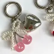 Cherry Resin Bow Faux Pearl Heart Alloy Bag Charm Keyring Pink - One Size