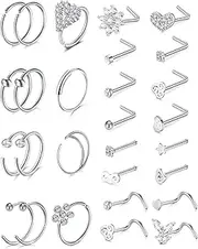 [Anicina] 20g Nose Rings Hoop Stainless Steel L-Shaped Nose Rings Studs Screw Bone Pin Straight Nostril Piercing C Shape Hoop Nose Ring Body Piercing Jewelry Set