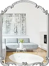 Wylde Iris English Estate Carved Arch Wood Wall Mirror, Mirror for Entryway, Living Room, Bathroom, Antique Silver, 20.9x28.9