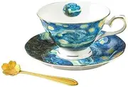 Van Gogh Series Fine Bone China Coffee Mugs & Tea Cups Set with Spoon, Ceramic Tea Coffee Cup for Home Kitchen – Artistic Starry Night Design for Daily Use (Dishwasher Safe)