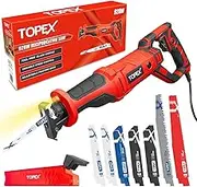 TOPEX Reciprocating Saw & 34 Piece Reciprocating Saw Blades, Long Blade Hand Saw, Jab Saw, Portable Small Power Cutter for Cutting Drywall, Sheetrock, Wood, Metel, Plastic, Plywood