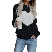 Nevenka Women's Long Sleeve Pullover Sweater CrewNeck Cute Heart Knit Sweater-Black
