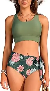 [SHEKINI] Women's High Waisted Bikini Sets 2 Piece Modest Swimsuits Tummy Control Bathing Suit with Tie Side Knot, Olive Green + Floral Prints, S