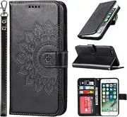for iPhone SE 2022 / SE 2020 Case Wallet with Cards Holder,Coque for iPhone 8 7 Flower Strap Case,Leather Case Women Flip Cover Bag portefeuille Pour Femmes for SE2022 SE2020 Black