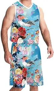 [KQNZT] Basketball Jersey with Shorts, Personalized Jersey, Men's Basketball Jersey, Retro Art Bird Floral Flower