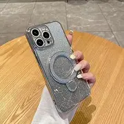 [HAOFUGUI] for Samsung Galaxy A14 4G/5G Case, Bling Sparkle Shockproof Phone Cover with Magnetic Ring Kickstand, Luxurious Electroplating Phone Case for Women and Girls-Silver