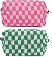 2 Pieces Makeup Bag Pouch Checkered Cosmetic Bag Pink Green, Travel Toiletry Bag Organizer Cute Makeup Brushes Storage Bag for Women