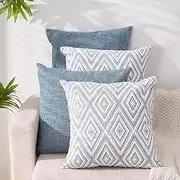 [HPUK] Decorative Throw Pillow Covers Set of 4 Square Couch Pillows Linen Cushion Cover for Couch Sofa Living Room, 18"x18" inches, Blue