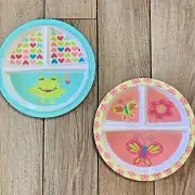Two (2) Baby Toddler Suction Melamine SECTIONED PLATES~Frog, Butterfly