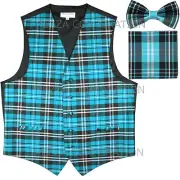 New Vesuvio Napoli Men's plaid Tuxedo Vest_Bowtie & Hankie set Turquoise blue