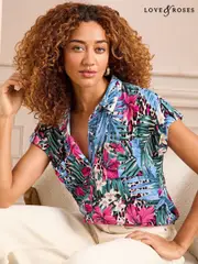 Love & Roses Blue Animal Petite Button Through Roll Sleeve Shirt (AM5463) | $83