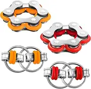 4 Pieces Fidget Toy Set Includes 2 Pieces Key Flippy Chain Stress Reducers and 2 Pieces Six Roller Chain Fidget Toy for Adults and Teens Stress and Anxiety Relief (Red, Orange)