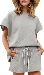 [Wyeysyt] Women's Loungewear Set 2 Piece Outfits Matching Lounge Short Sleeve Tops and Shorts Casual Pajamas Set with Pockets