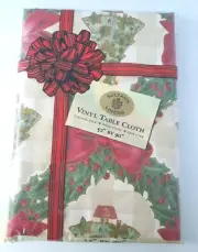 Christmas Vinyl Tablecloth Flannel Red Green Holly Sultans Linens 52x90 New