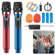 2x Wireless Microphone Handheld Cordless UHF Dynamic Mic System Karaoke Receiver 1x Red + 1x Blue