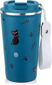 Travel Mug for Hot Drinks 510ml, 17 oz Insulated Coffee Cup Double Walled Spill Proof Novelty Heart Print Thermal Mug for Boy Girl Gift (Blue-cat)