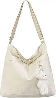 [Ehrlich] Economical Cotton Tote Bag, Reusable Womens Canvas Tote Bag with 3 External Pocket, Top Zipper Closure