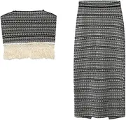 [HEYDHSDC] Women Suspender Knitted Sleeveless Set Two Piece Stripe Skirt Outfit