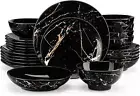 Plates and Bowls Sets for 6, 24 Pieces Porcelain Dinnerware Sets, Black and Gold