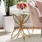 Elegant Round Side Table with White Marble Look Top and Gold Petal Design