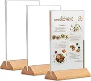 Acrylic Sign Holder A4, 3 Pack Display Stands Double Sided Menu Holder for Tables, Counter Poster Sign Display Stand for Restaurant Store Bar Company (Wood Base) T Shape