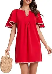 [HOULENGS] Women's Summer Ruffle Short Sleeve A Line Mini Dress Casual Contrast Trim V Neck Short Dress with Pockets