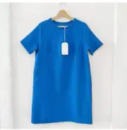 TOAST UK Pthalo Blue Cotton Blend Tunic Dress Size Uk 14 Textured Short Sleeve