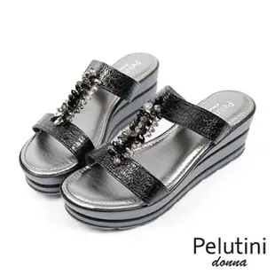 【Pelutini】水亮黑鑽雙帶楔型涼拖(黑色 20164-BL)