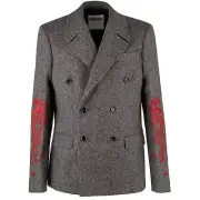 MOSCHINO COUTURE Zweireihige Herringbone Jacke mit Stickerei Wolle Grau 11218