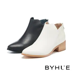 【BYHUE】韓系品味牛皮拼接壓紋側V口尖頭高跟踝靴(米白)
